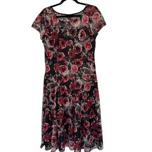 Perceptions Rose Floral Lace A-Line Dress Tea Length Short Sleeve Lined Large